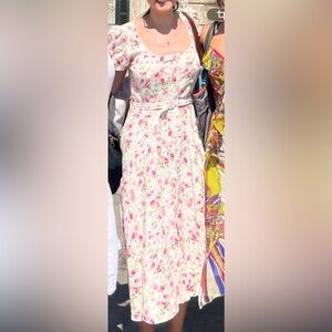 Ralph Lauren White Floral Midi Dress with Pink Roses Elizabeth 100% linen garden